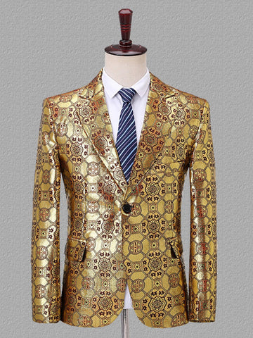 Men's Gold Jacquard One Button Formal Blazer Coat SM102502