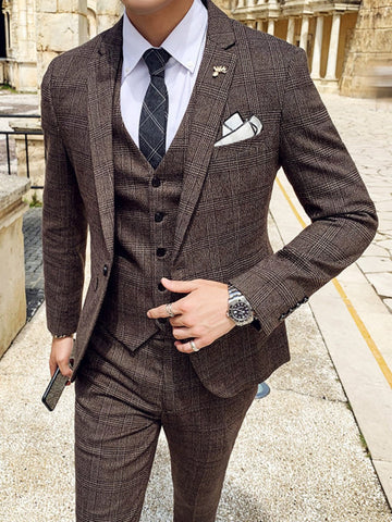 Men's Slim Fit Plaid Casual Suits Blazer + Vest + Pants SM110406