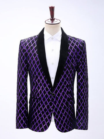 Men Velvet Purple Diamond Plaid Sequin Dress Suit Blazer SM102702