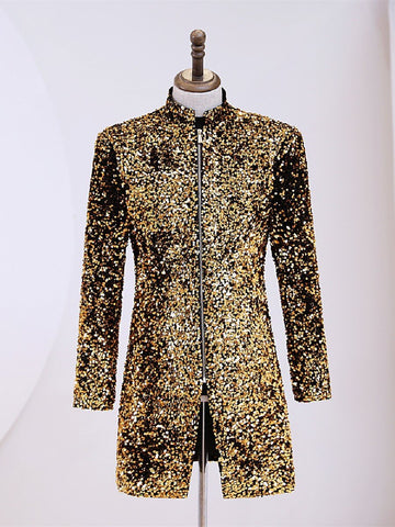 Men's Zip Clouser Gold Sequin Velour Long Blazer Coat SM102103