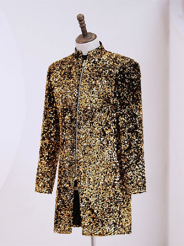 Men's Zip Clouser Gold Sequin Velour Long Blazer Coat SM102103