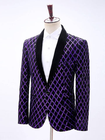 Men Velvet Purple Diamond Plaid Sequin Dress Suit Blazer SM102702