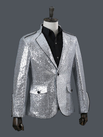 Men's Silver Sequin Stand Collar Fashion Prom Blazer SM102004