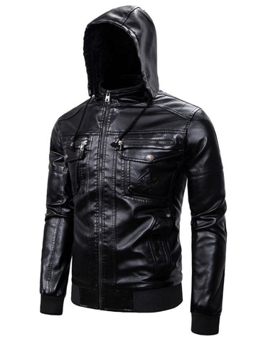 Men's Classic Stand Collar Thicken Hooded Leather Jacket SM100609