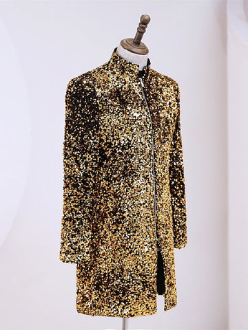 Men's Zip Clouser Gold Sequin Velour Long Blazer Coat SM102103