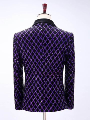 Men Velvet Purple Diamond Plaid Sequin Dress Suit Blazer SM102702