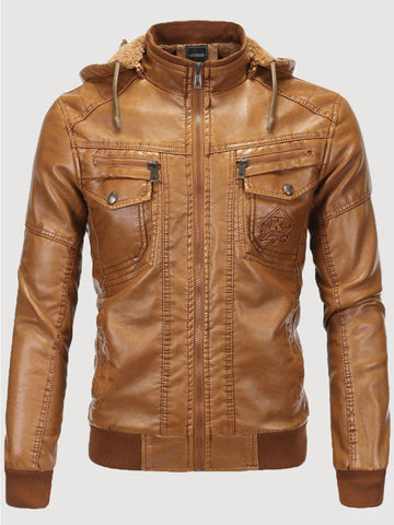 Men's Classic Stand Collar Thicken Hooded Leather Jacket SM100609