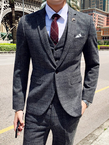 Men's Slim Fit Plaid Casual Suits Blazer + Vest + Pants SM110406