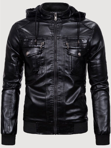 Men's Classic Stand Collar Thicken Hooded Leather Jacket SM100609