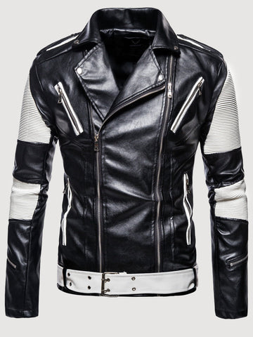 Plus Size Men's Zip Color Block Motorcycle Leather Jacket SM100602