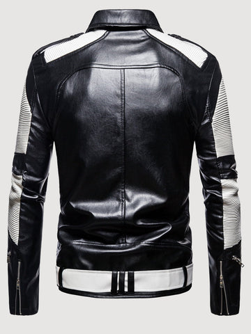 Plus Size Men's Zip Color Block Motorcycle Leather Jacket SM100602