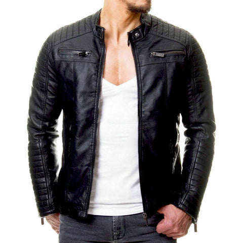 Men's Leather Motorcycle Stand-Up Collar Zipper Jacket S092602