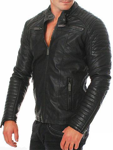 Men's Leather Motorcycle Stand-Up Collar Zipper Jacket S092602