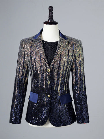 Men's Gradient Blue Sequin Notch Collar Casual Blazer SMLB138