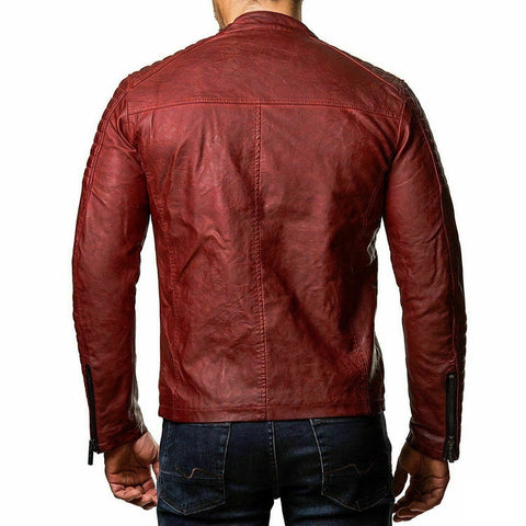 Men's Leather Motorcycle Stand-Up Collar Zipper Jacket S092602