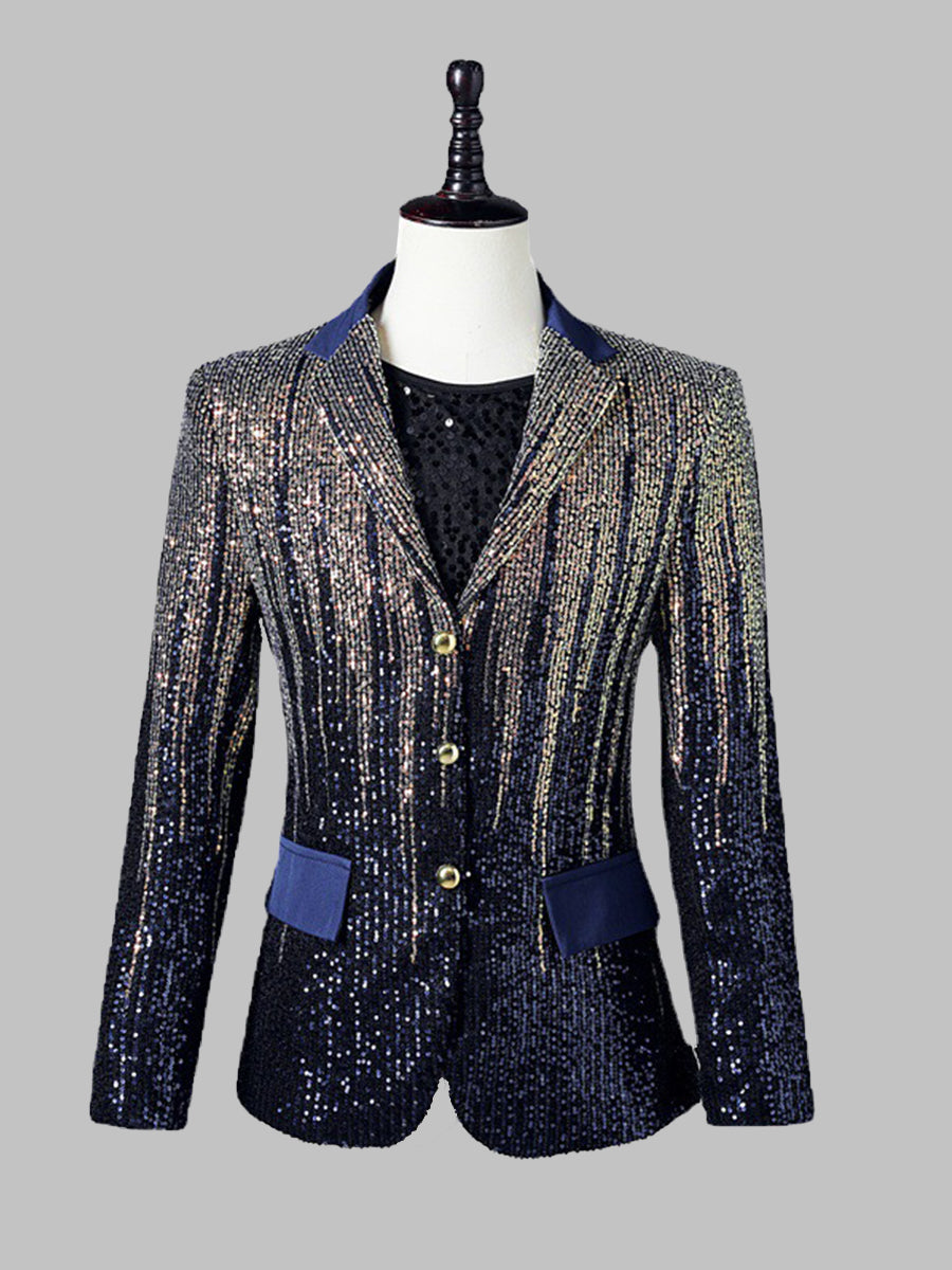 Men's Gradient Blue Sequin Notch Collar Casual Blazer SMLB138