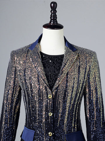 Men's Gradient Blue Sequin Notch Collar Casual Blazer SMLB138