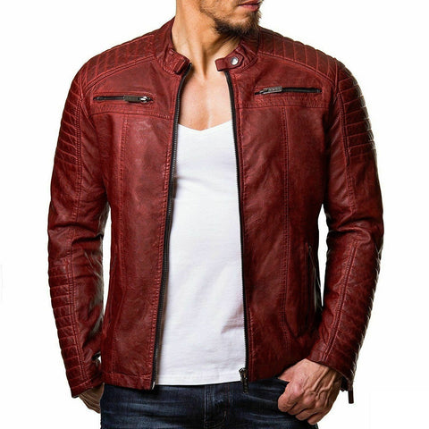 Men's Leather Motorcycle Stand-Up Collar Zipper Jacket S092602