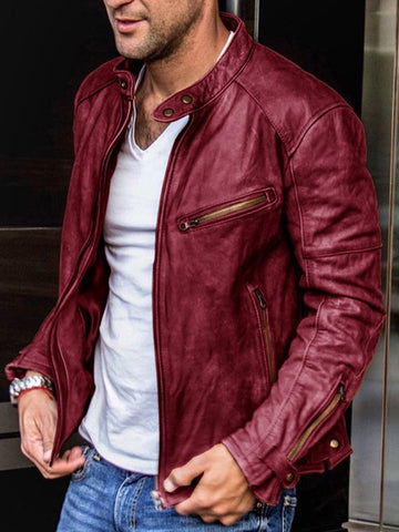 Men's PU Stand Collar Zip Biker Leather Jacket SM090501